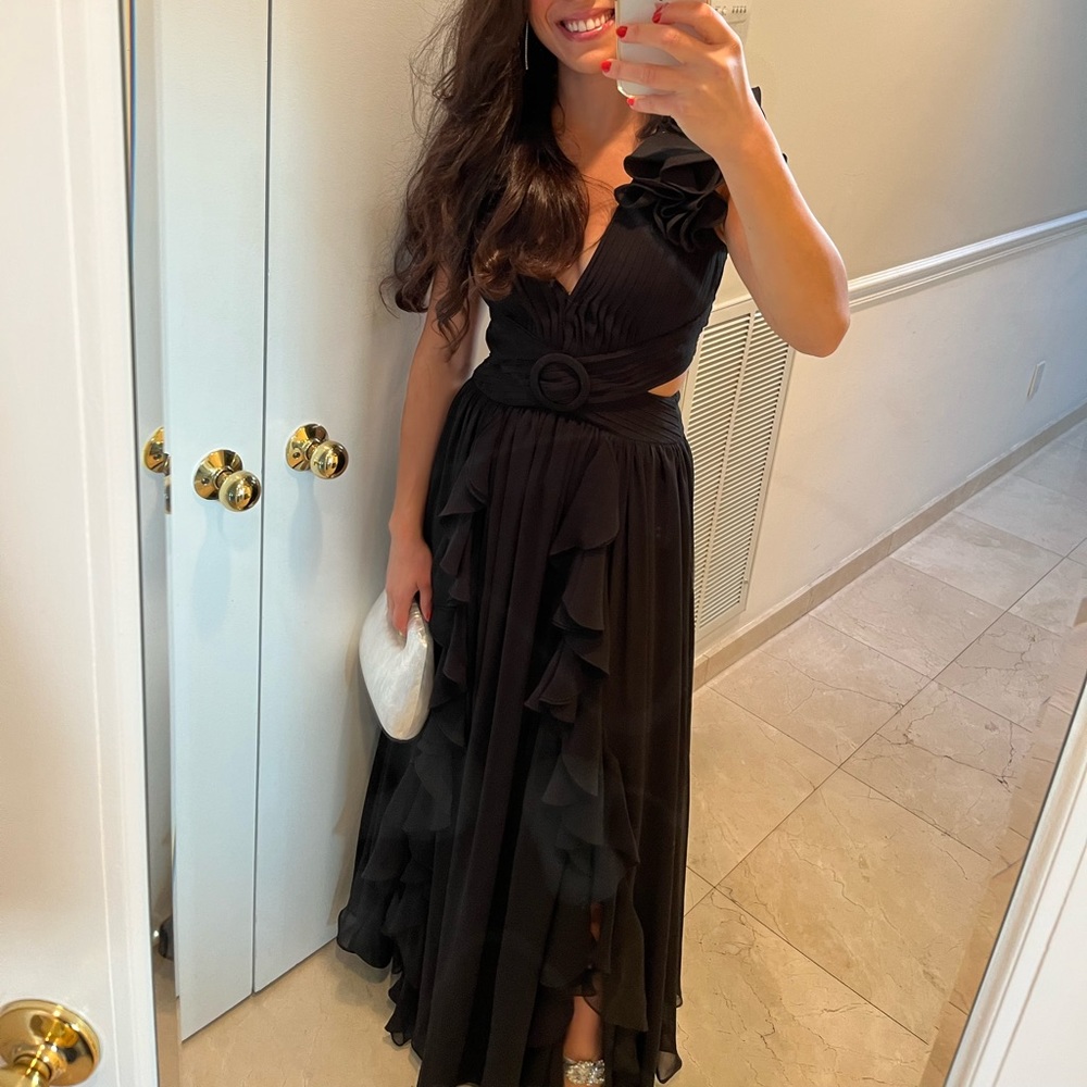 PatBO Black Ruffled Maxi Dress with Cutout Waist